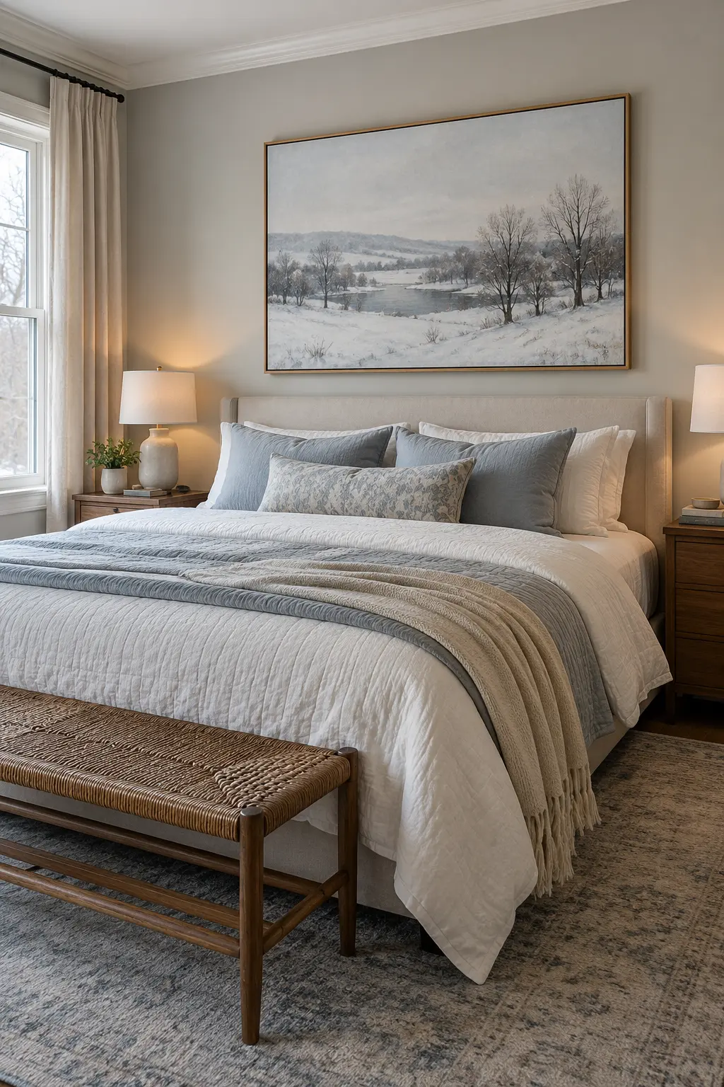 Oversized framed snowy landscape above a blue-gray winter bed