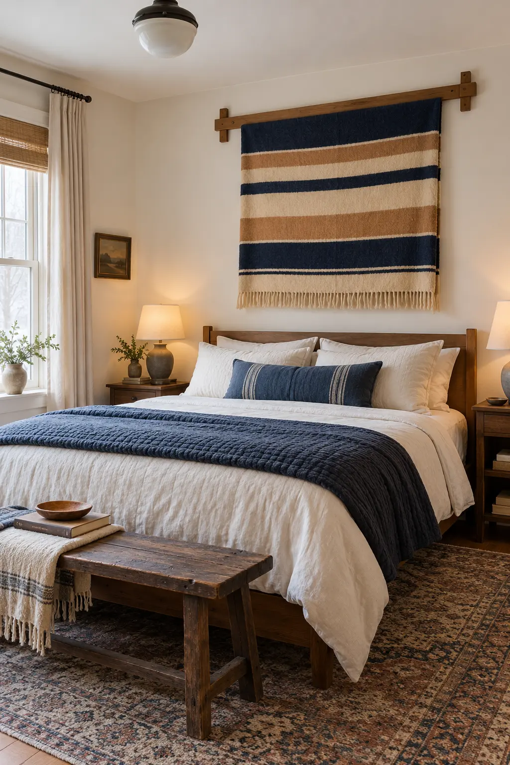 Striped vintage-style wool blanket displayed on a wood quilt hanger