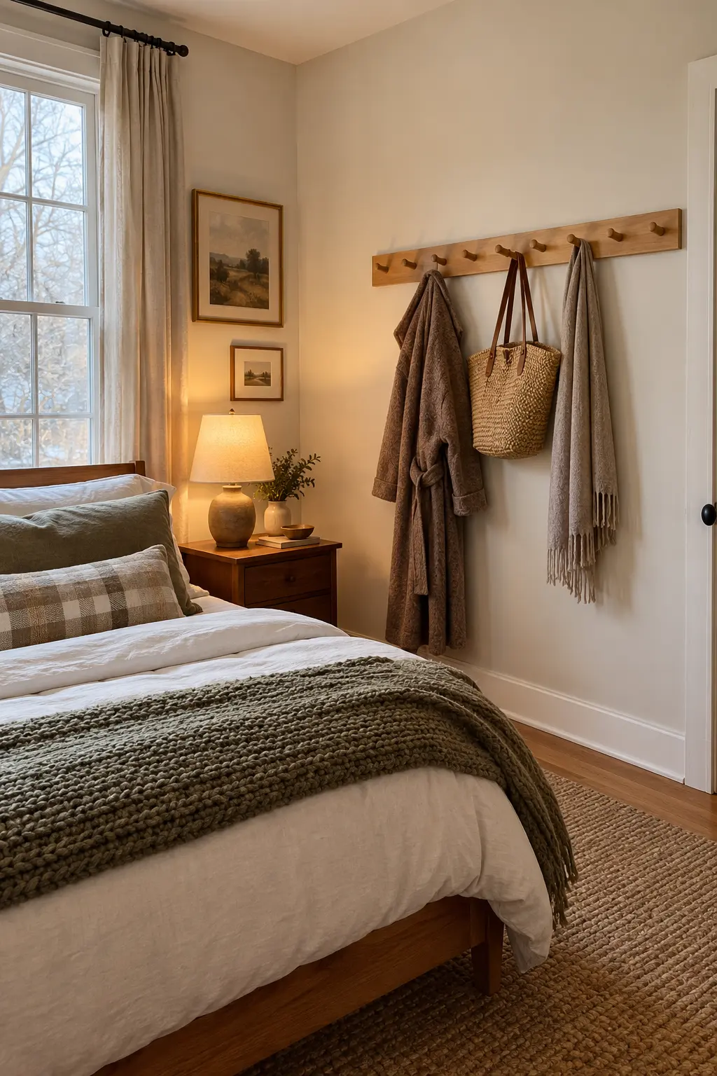 Oak peg rail beside a winter bed holding a robe scarf and woven tote