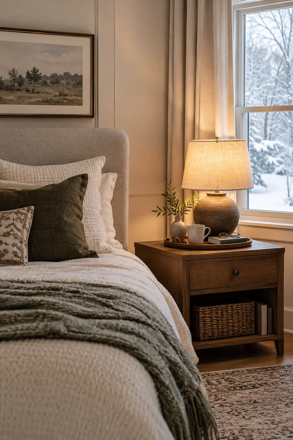 Wood bedside tray with a mug book glasses and bud vase beside a lamp