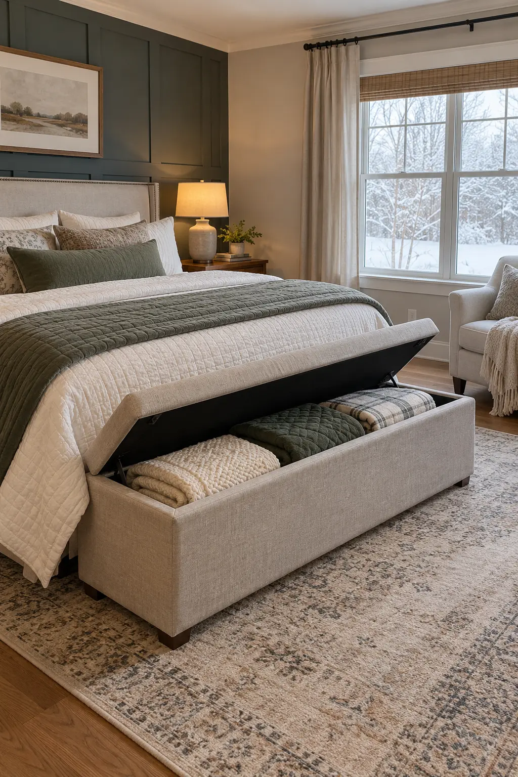 Open upholstered storage bench holding folded winter quilts at the foot of a bed