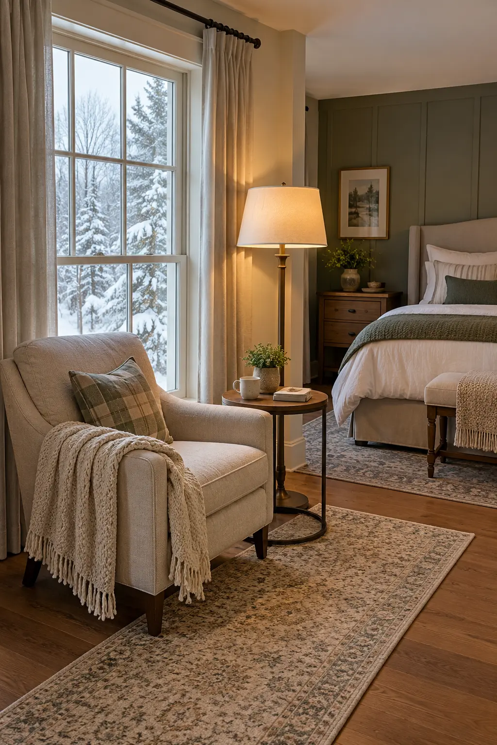 Winter bedroom reading nook with a chair table floor lamp and wool throw