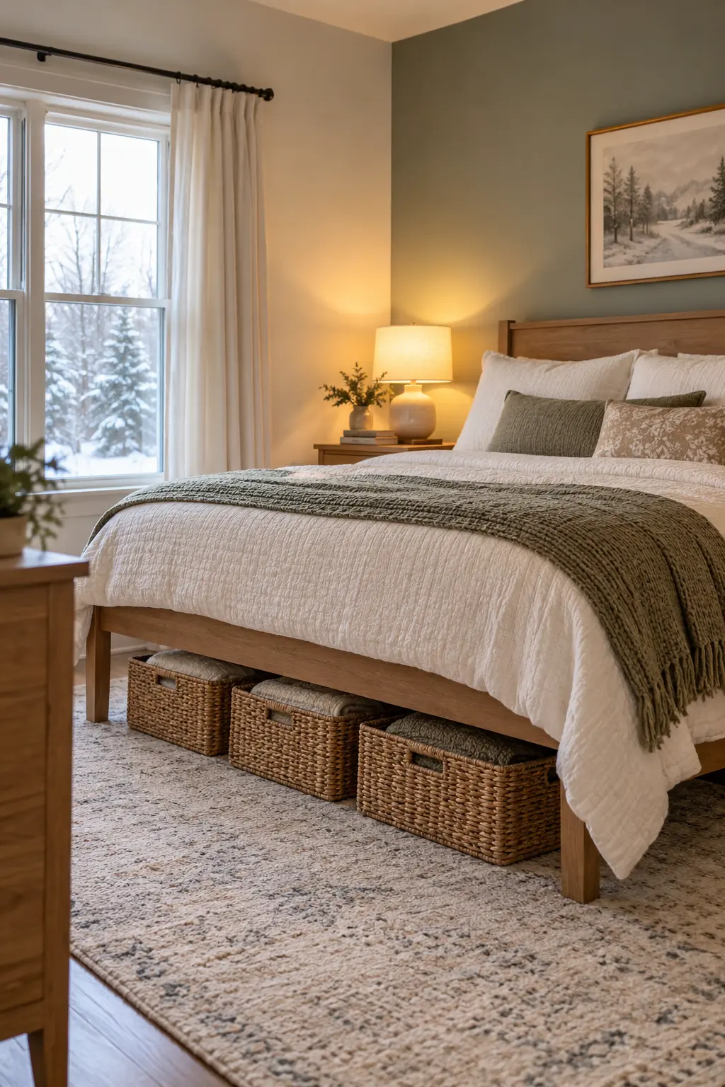 Three low woven baskets storing blankets beneath a raised wood bed