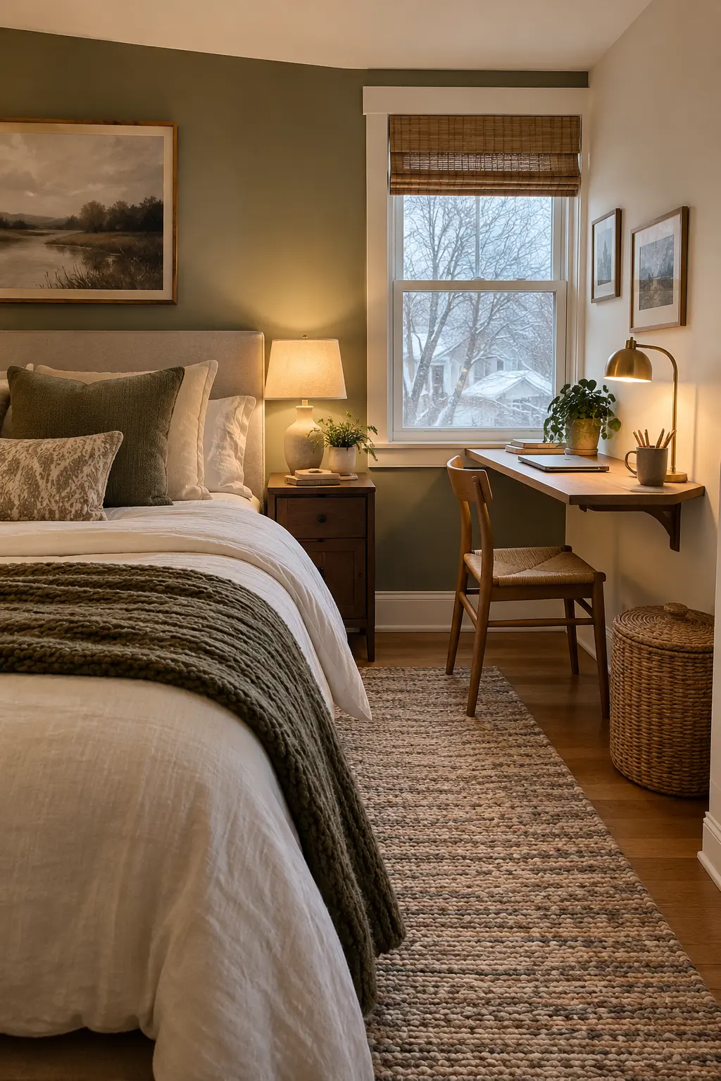 Compact bedroom with a slim wall desk task lamp and lidded work basket