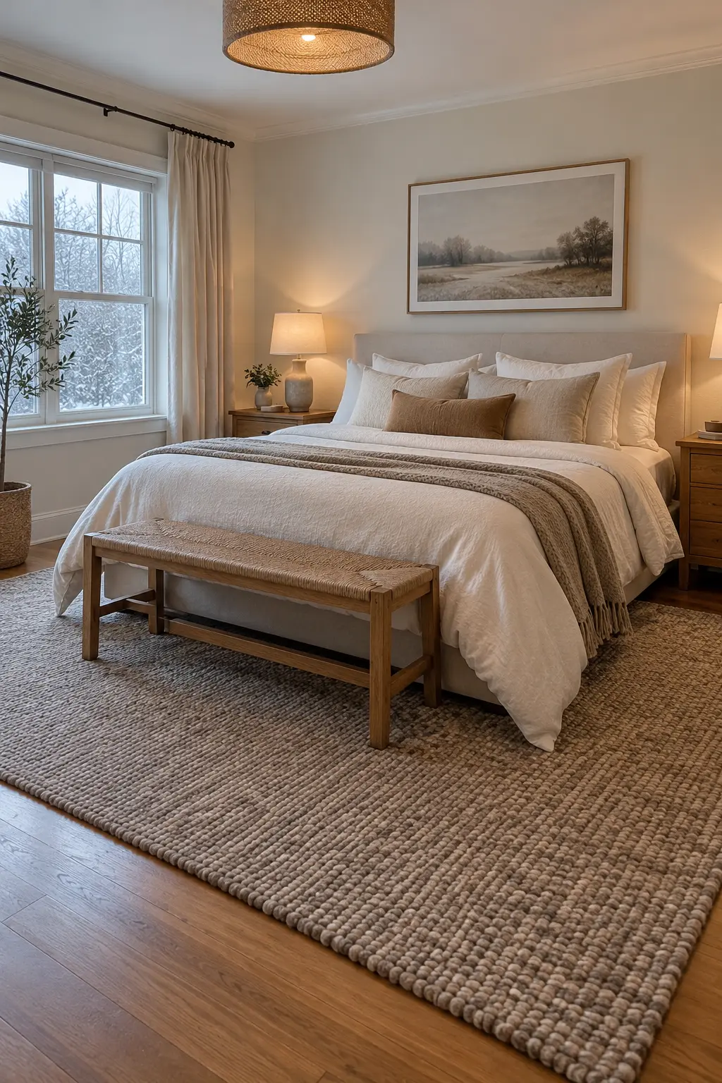 Warm taupe wool rug extending beyond both sides of a winter bed
