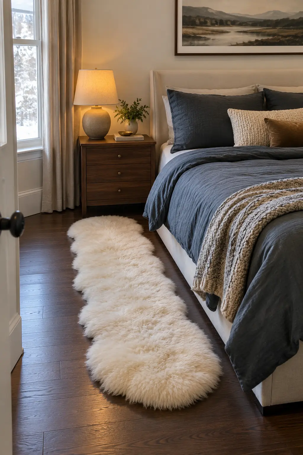 Narrow ivory sheepskin-style runner beside a slate winter bed