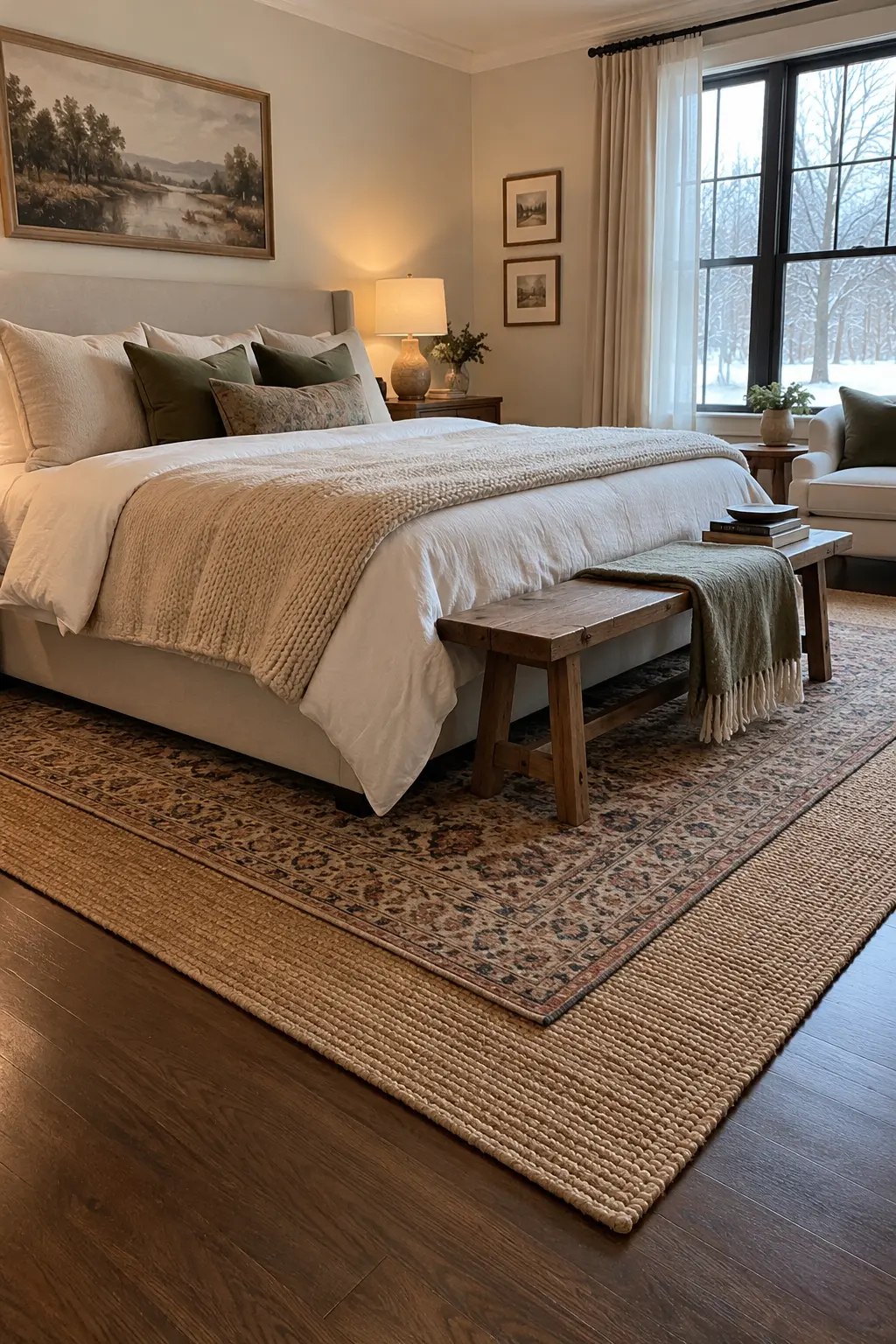 Vintage-pattern bedroom rug layered over a larger natural jute rug