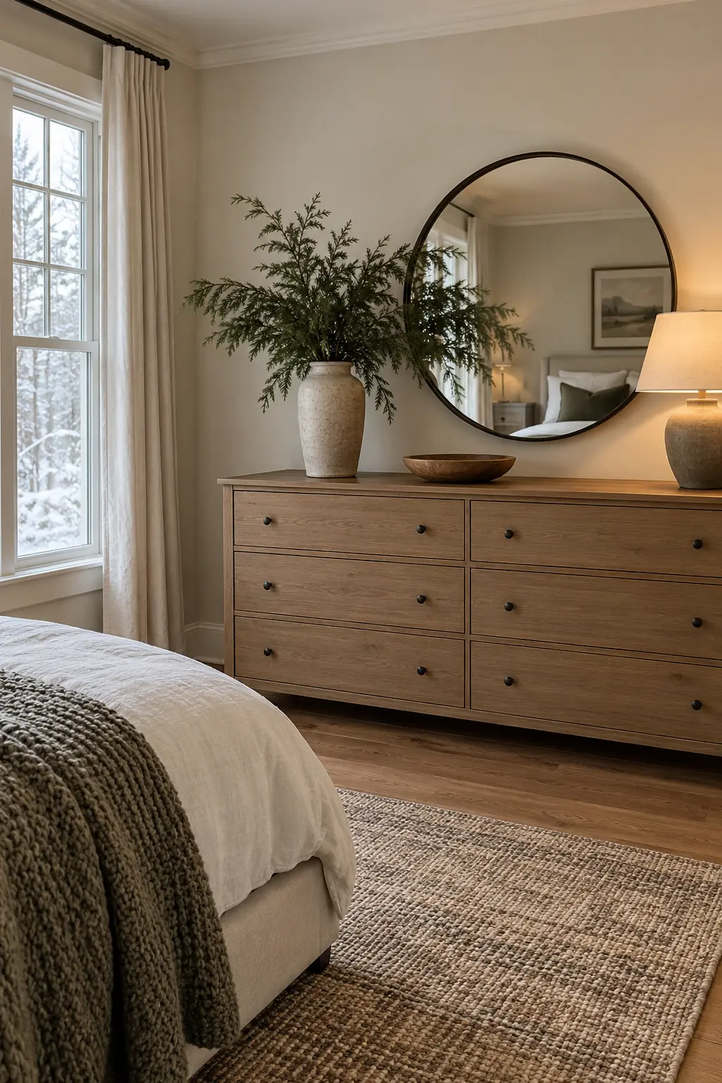 Loose evergreen branches in a stoneware vase on a winter bedroom dresser