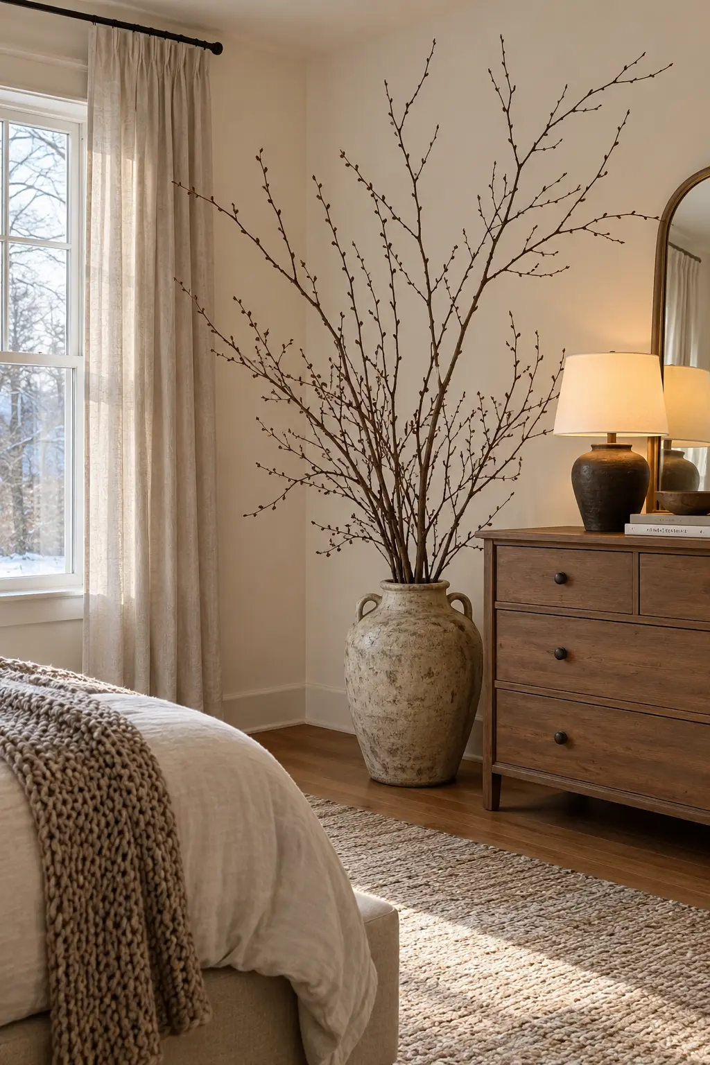 Tall bare winter branches in a heavy floor crock beside a dresser
