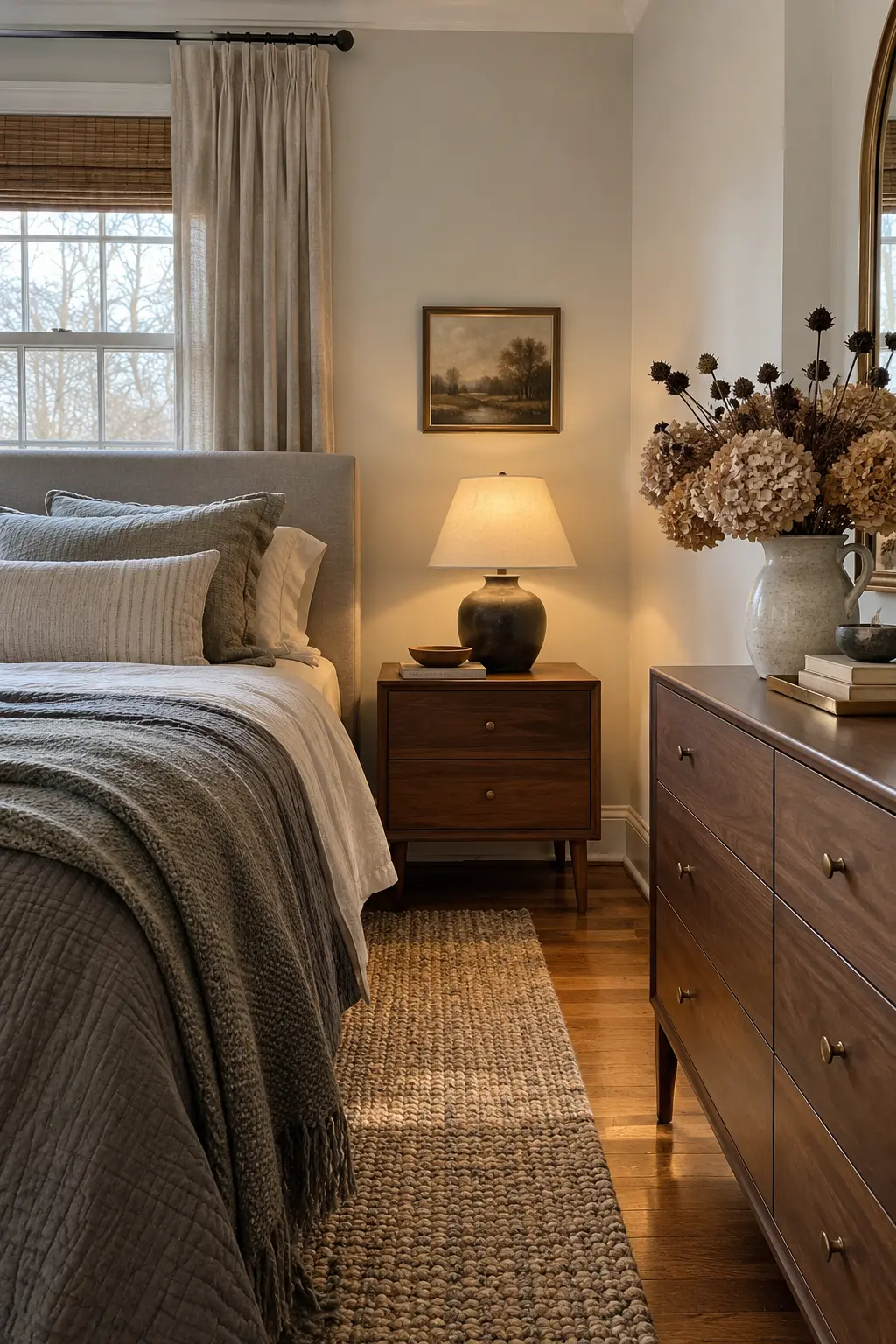 Muted dried hydrangeas and dark seed pods in a winter bedroom pitcher