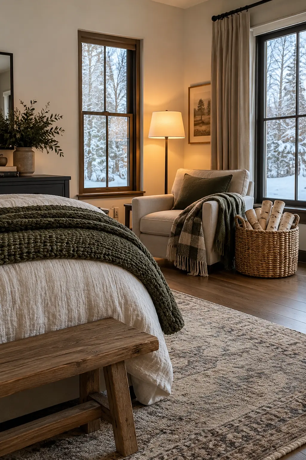 Woven basket of clean birch logs beside a winter bedroom reading chair