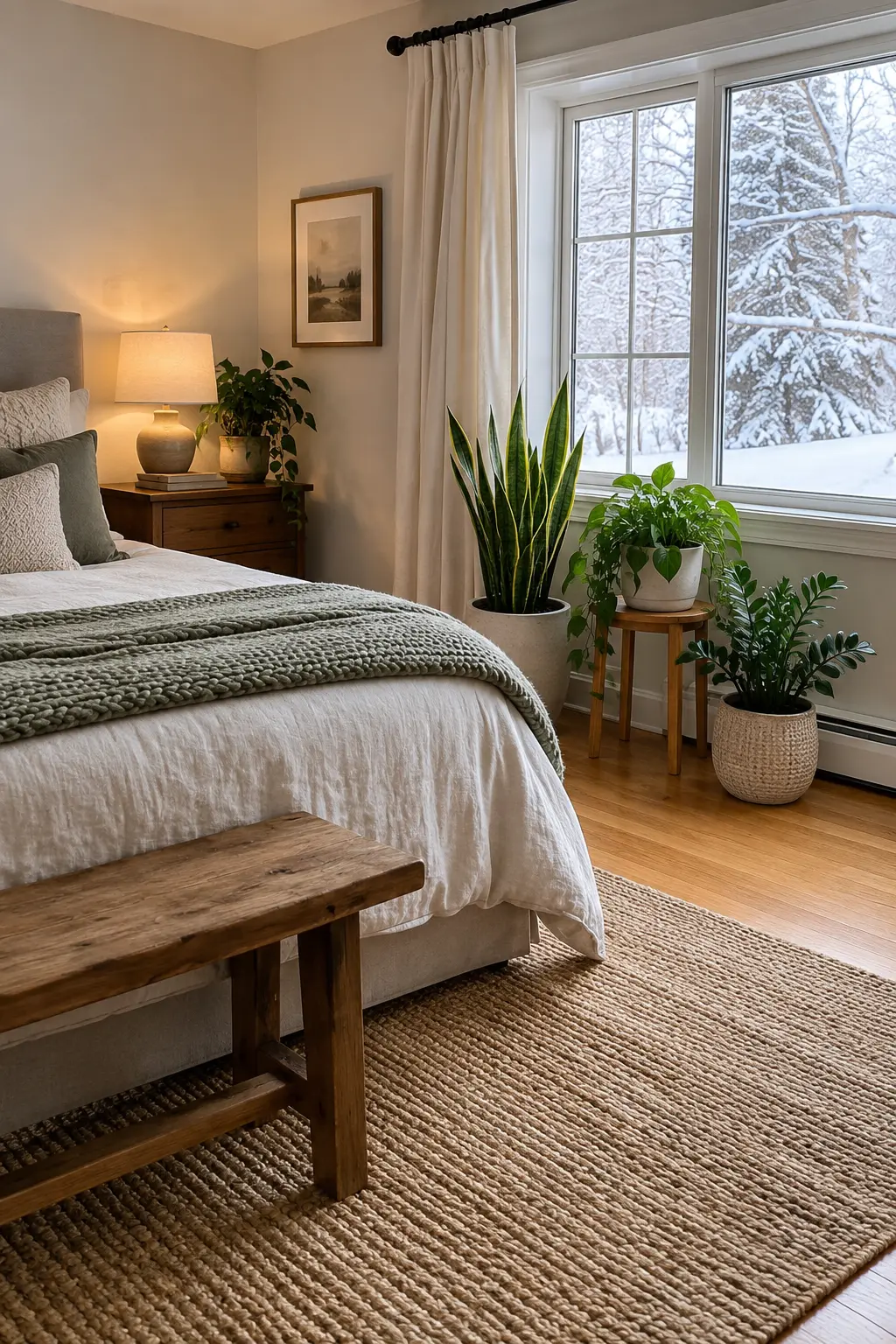 Three healthy houseplants grouped near a snowy bedroom window