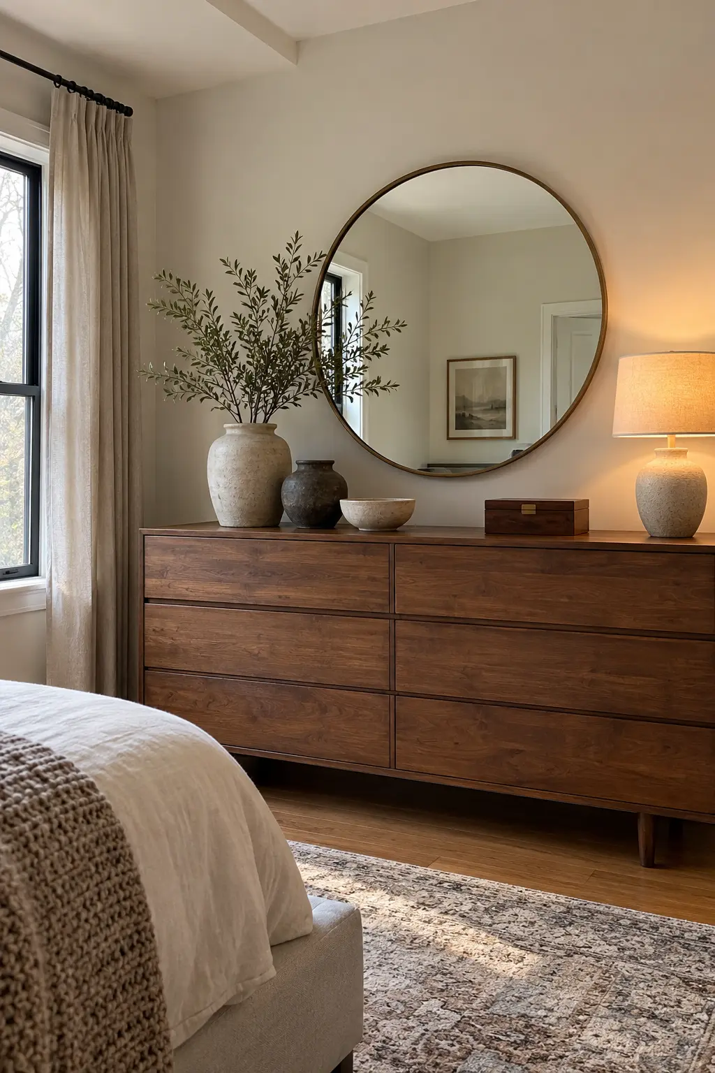 Winter dresser vignette with matte stoneware vessels wood box and round mirror
