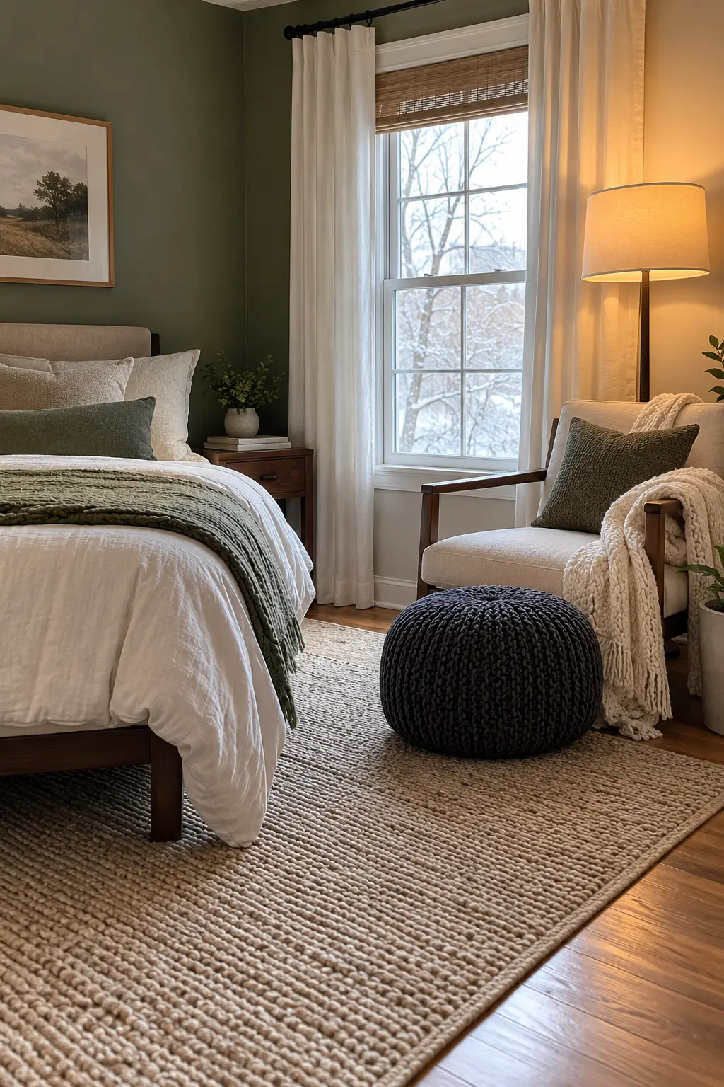 Charcoal knit pouf used as a footrest beside a winter bedroom chair