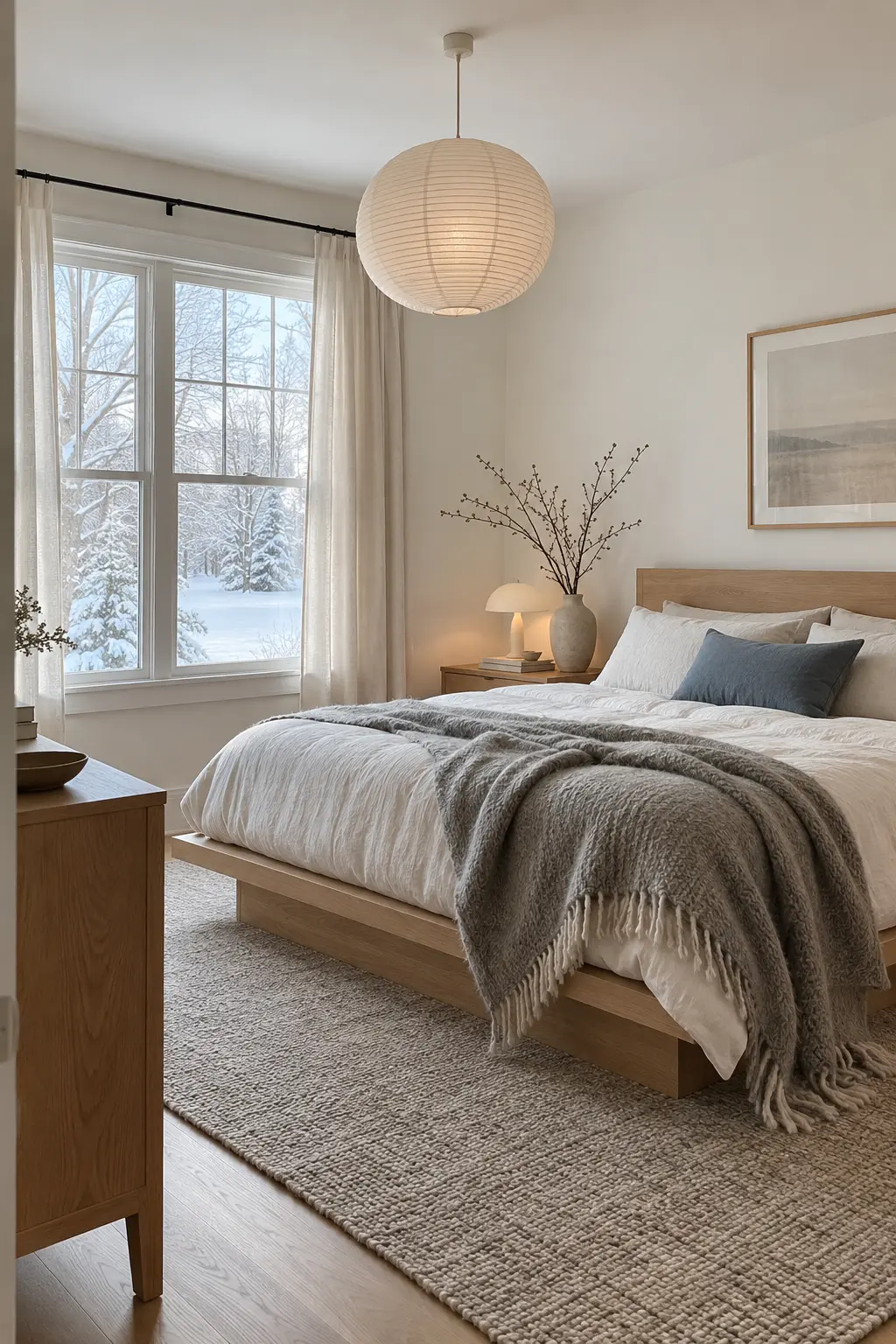 Light Scandinavian winter bedroom with pale oak gray wool and a paper pendant