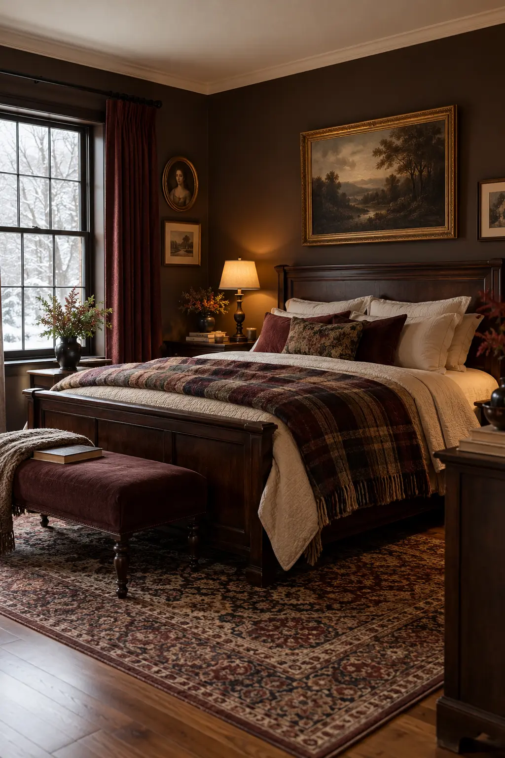 Dark-academia winter bedroom with brown walls plaid wool books and burgundy