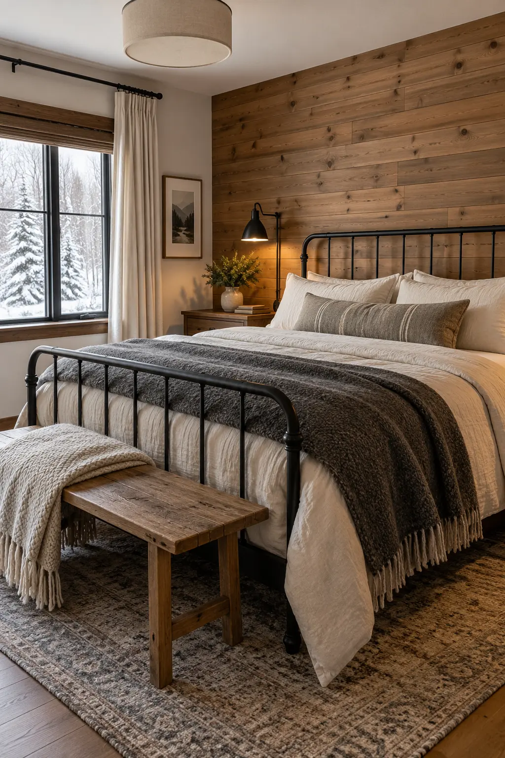 Modern rustic cabin bedroom with a wood wall iron bed and cream linens