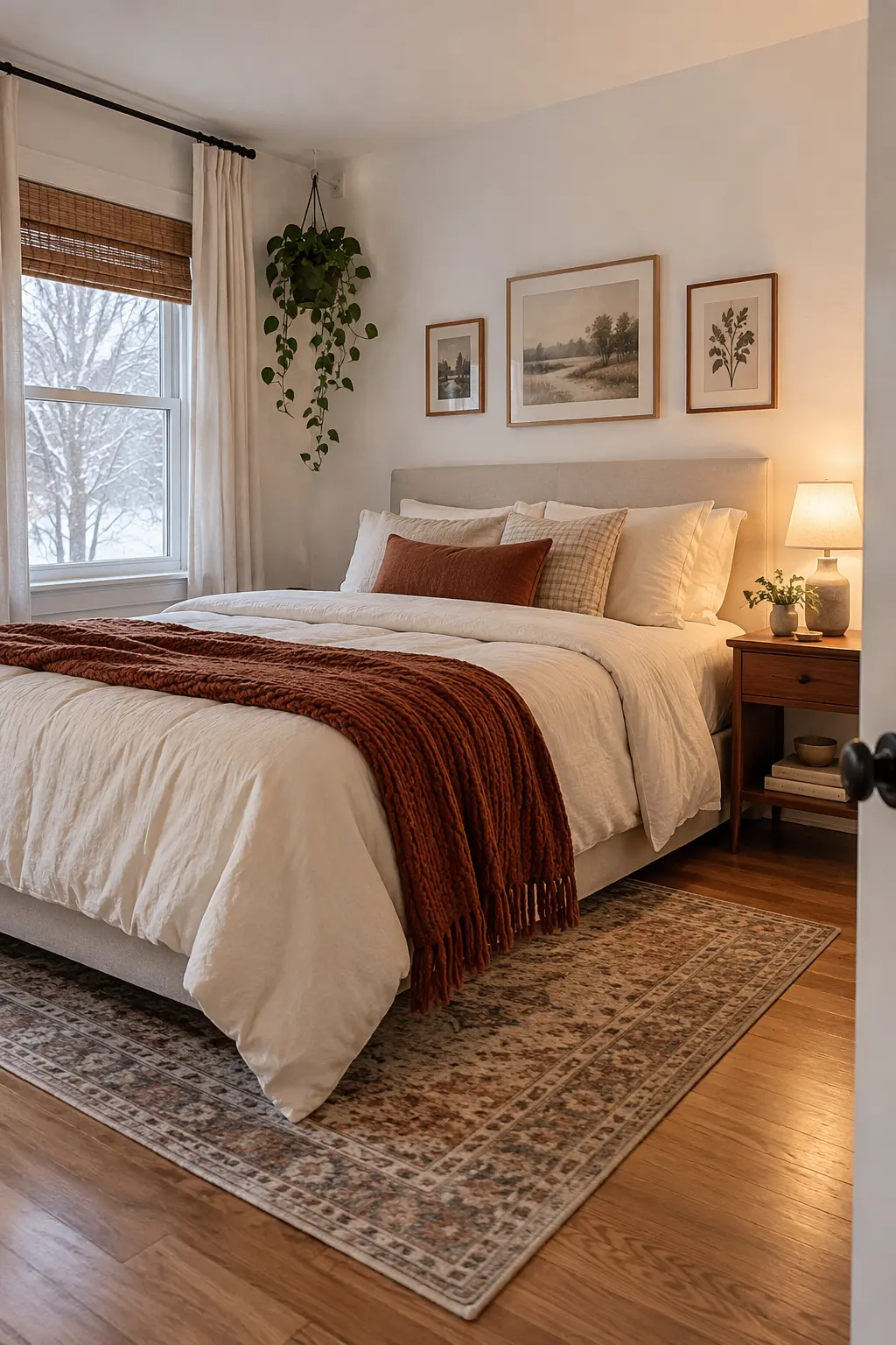 Budget renter winter bedroom with cream bedding rust throw art and small rug