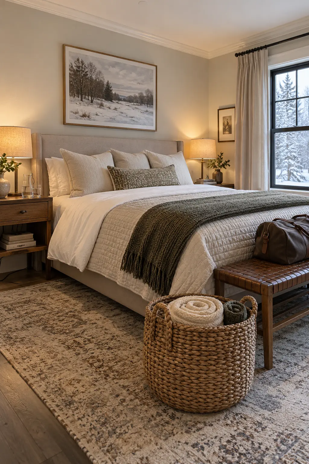 Winter guest bedroom with neutral layers a blanket basket carafe and luggage bench