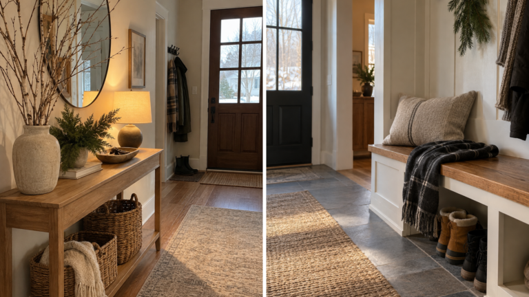 Two winter entryway ideas with birch branches, wool bench layers, baskets, and a clear path