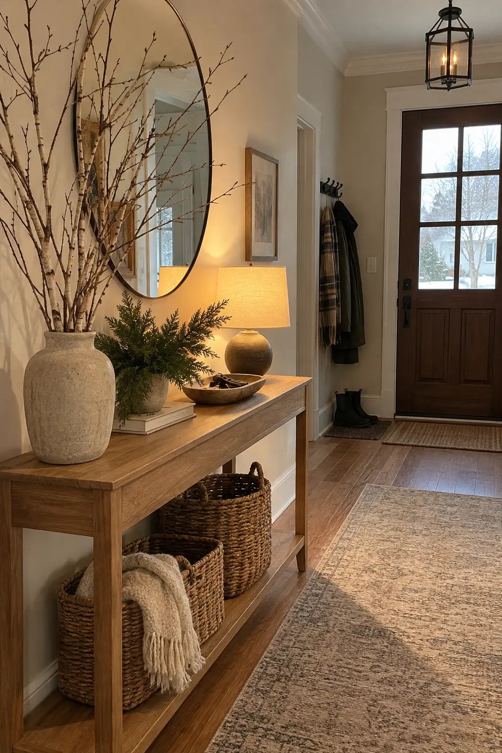 Winter entryway with a slim oak console, stoneware vase of birch branches, lamp, and woven baskets