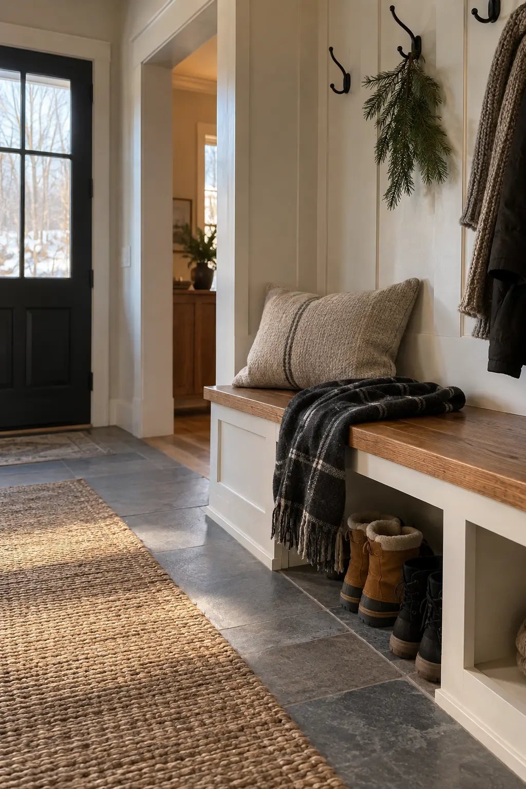 Winter entry bench with an oatmeal cushion, charcoal plaid throw, hooks, and boots