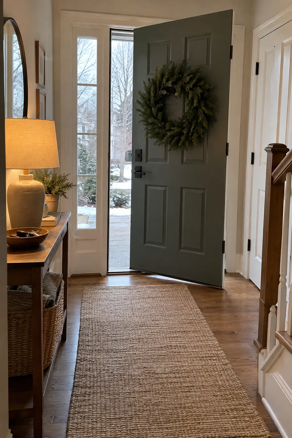 Winter front door with a plain evergreen wreath, console lamp, and clear walking path