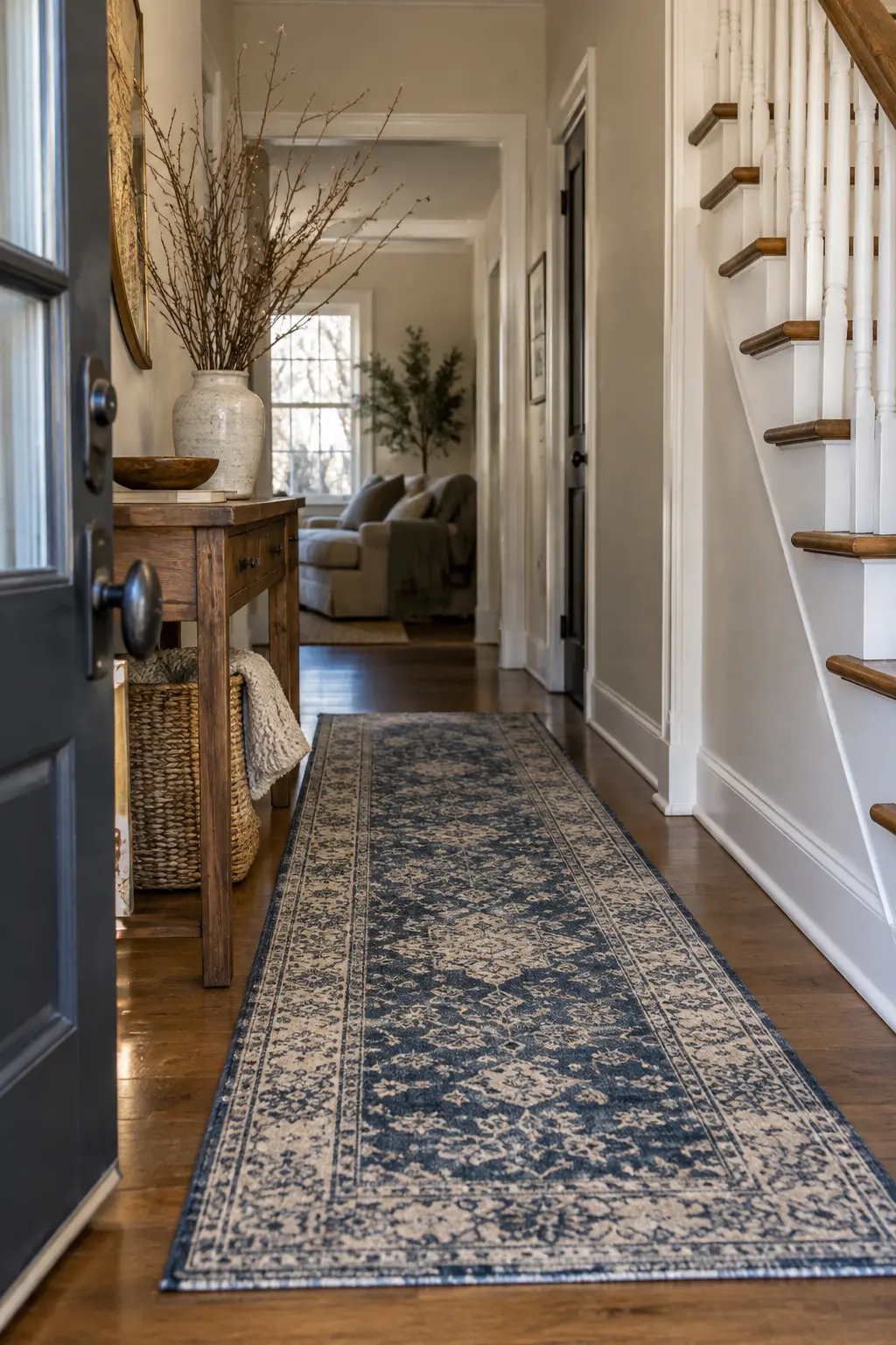 Narrow winter foyer with an indigo and cream runner, wood console, and bare branches