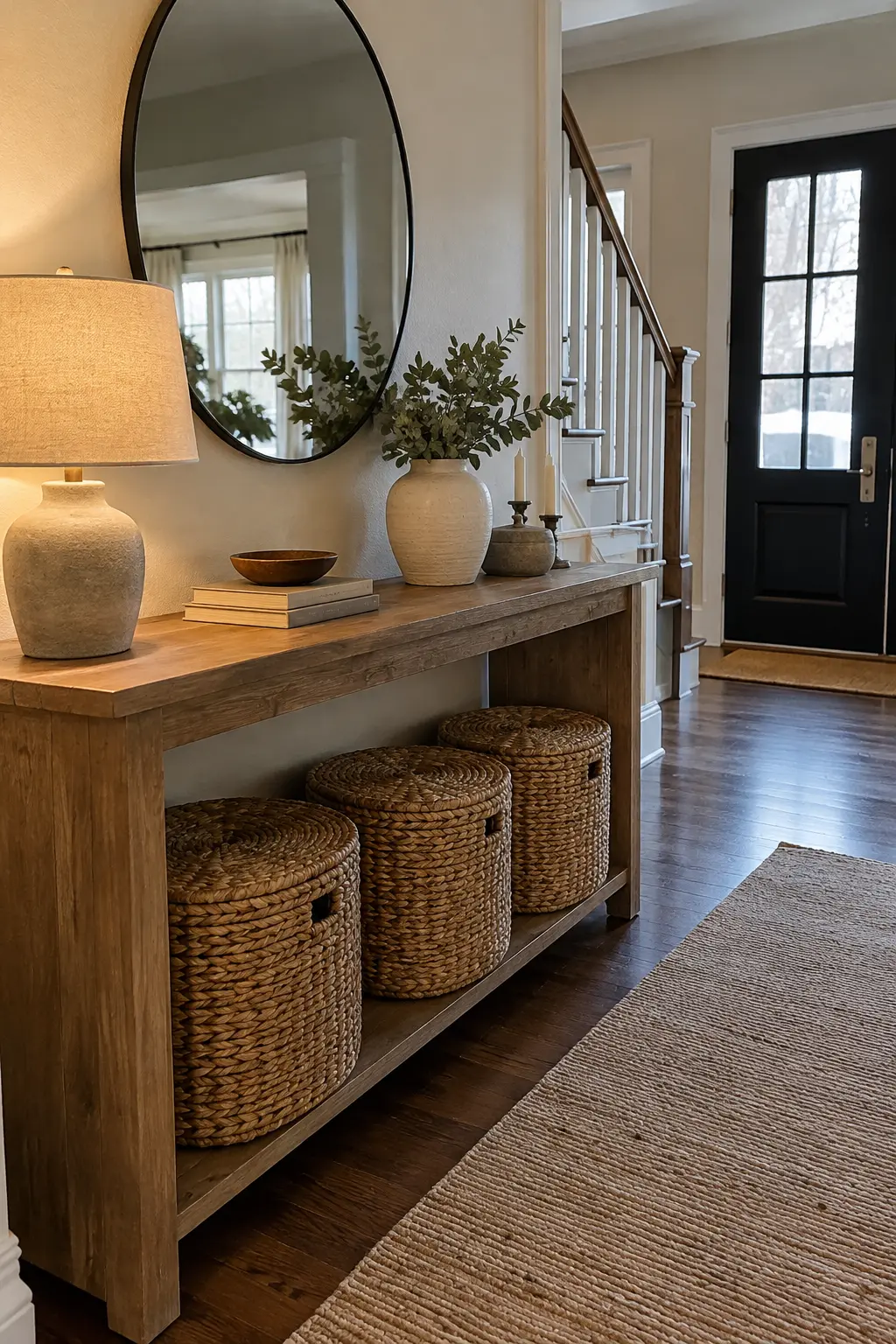 Entry console with three lidded woven baskets, a lamp, neutral pottery, and a clear floor