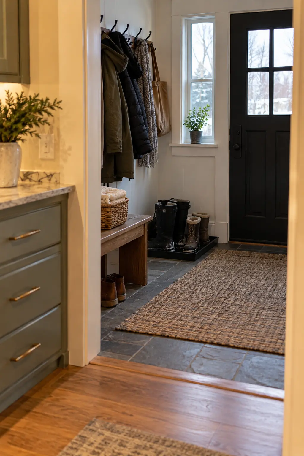 Winter mudroom with a black boot tray, snow boots, bench, hooks, and folded towels