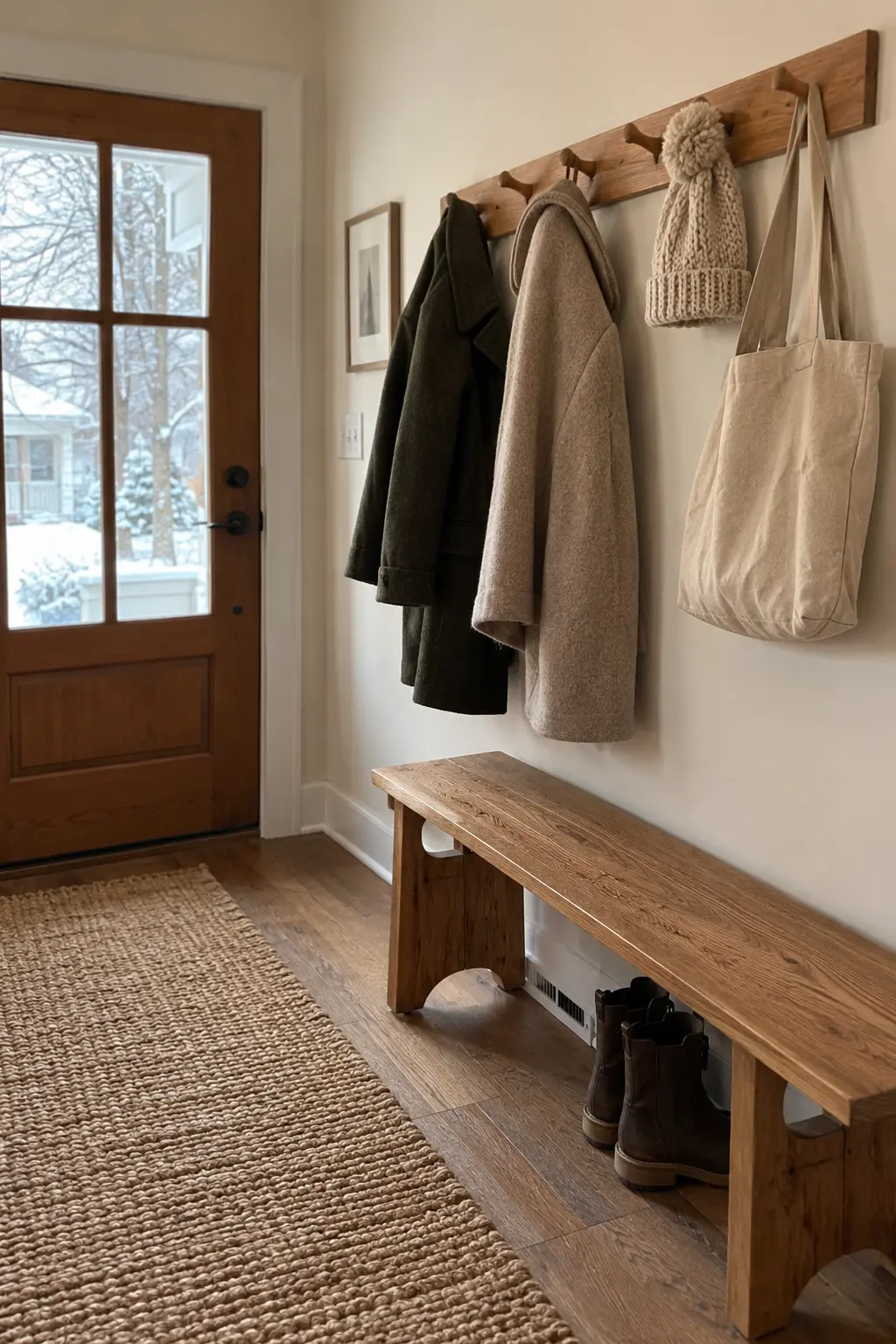 Warm white entry with an oak peg rail, neutral coats, knit hat, tote, and wood bench