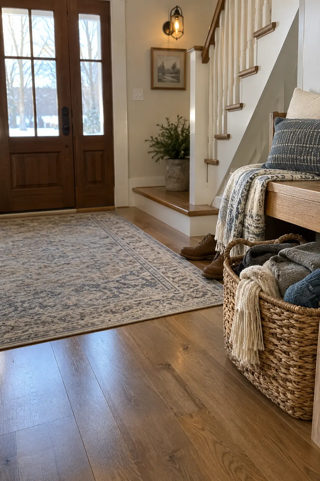 Entry bench with a low woven basket of oatmeal, gray, and muted blue winter accessories