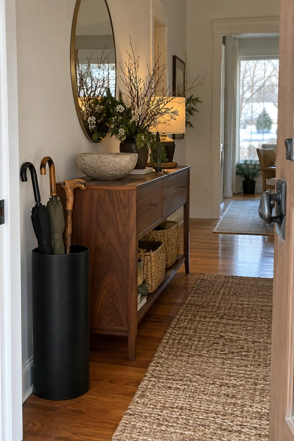 Winter foyer with a matte black umbrella stand, walnut console, stone bowl, and bare branches