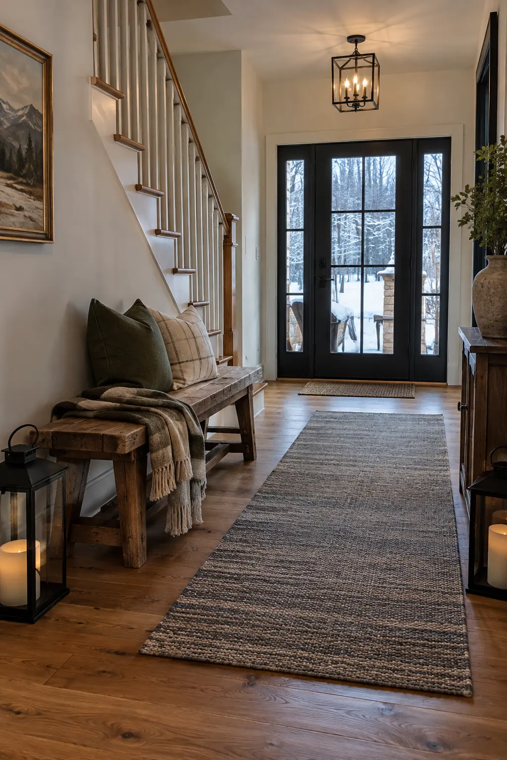 Ski lodge inspired entry with enclosed black lanterns, ivory candles, wood bench, and wool rug