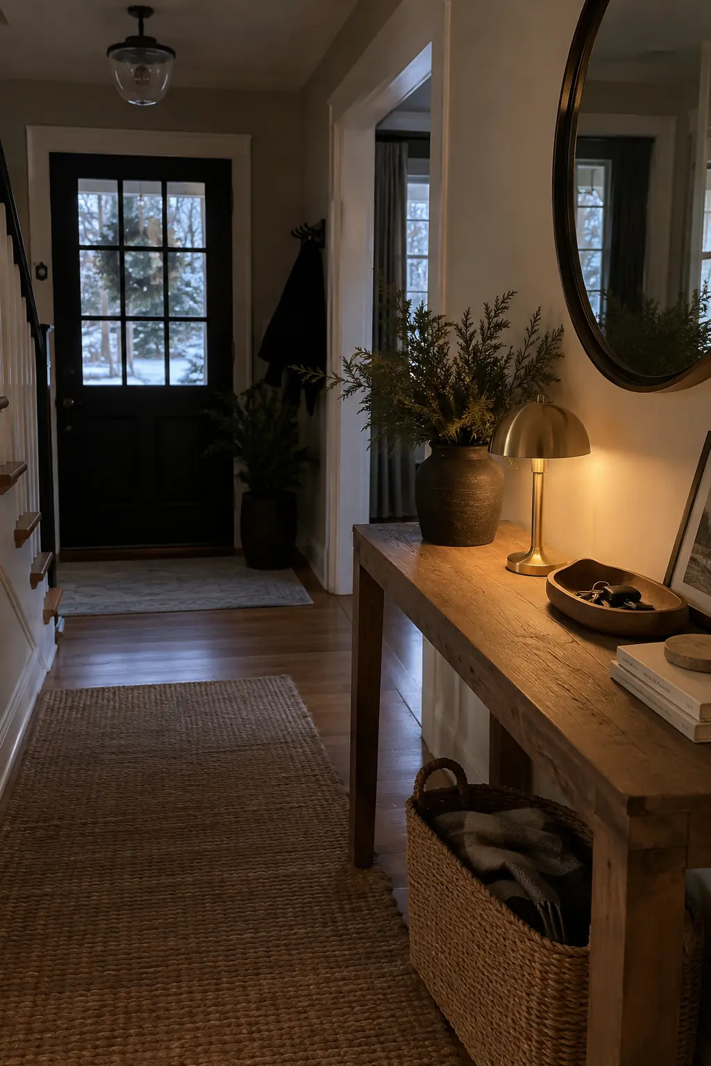 Winter console with a small brass cordless lamp, mirror, key tray, and storage basket