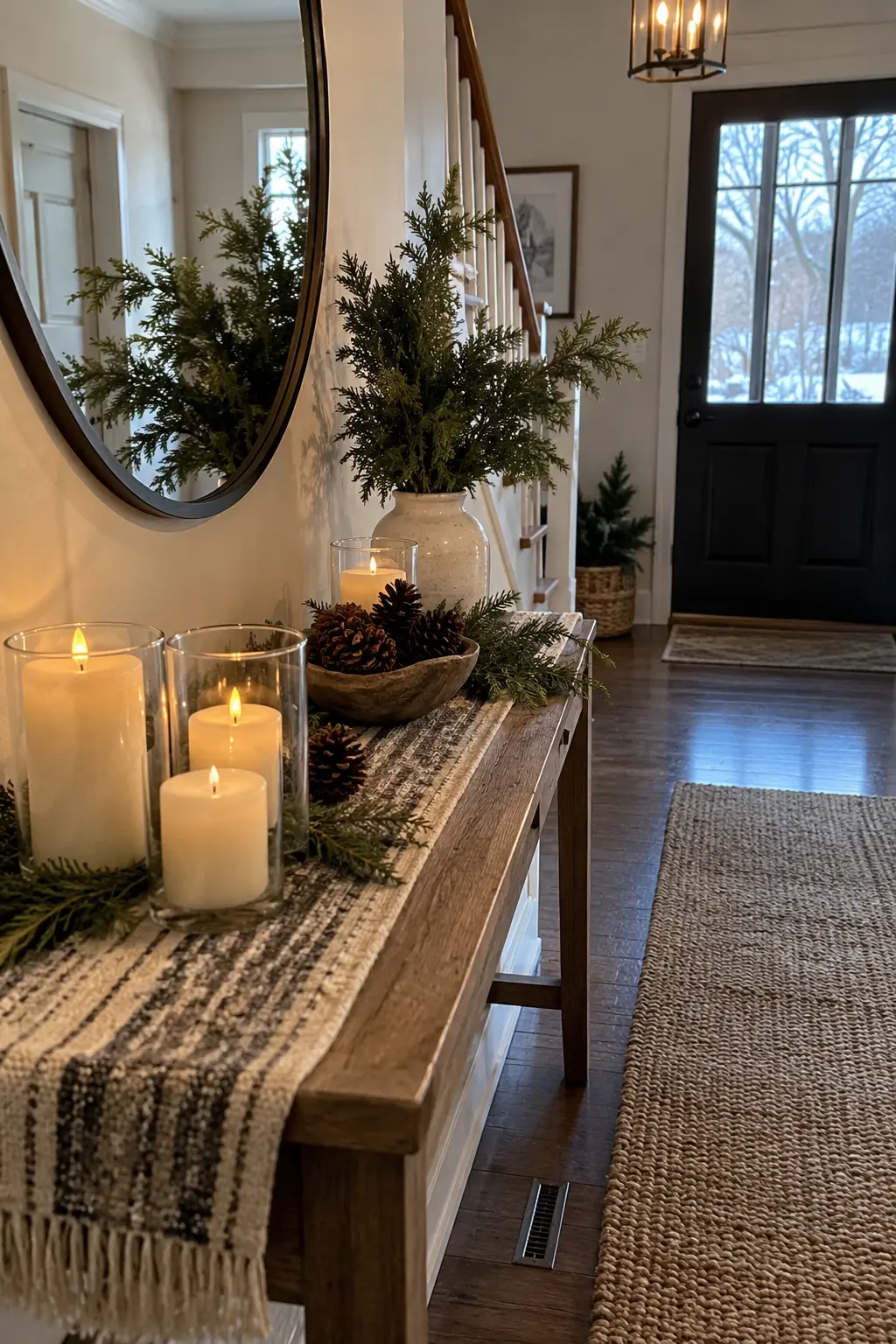 Winter console with ivory pillar candles in clear hurricanes, pinecones, and a wool runner