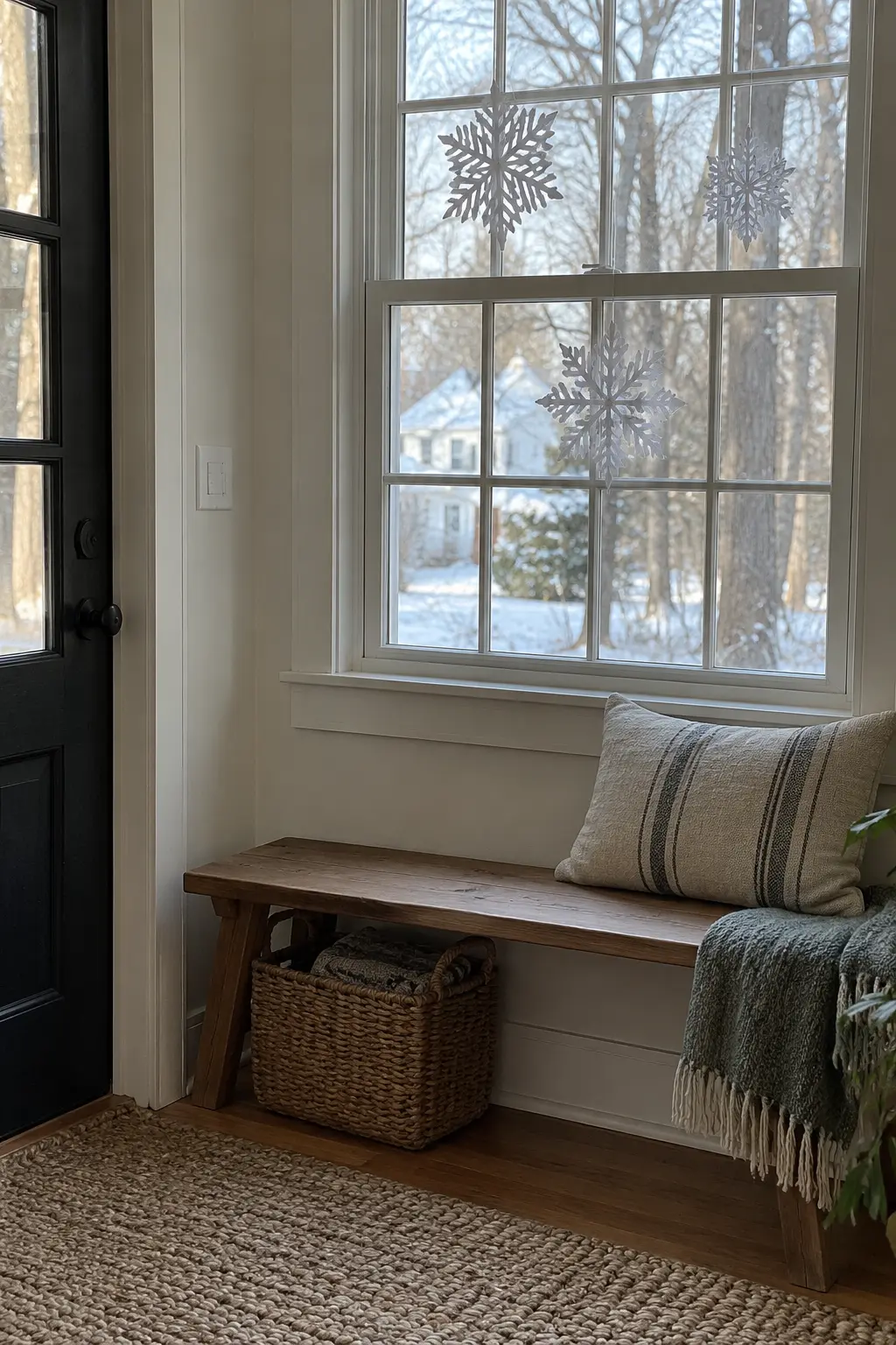 Entry window with three white paper snowflakes, a wood bench, basket, and wool cushion