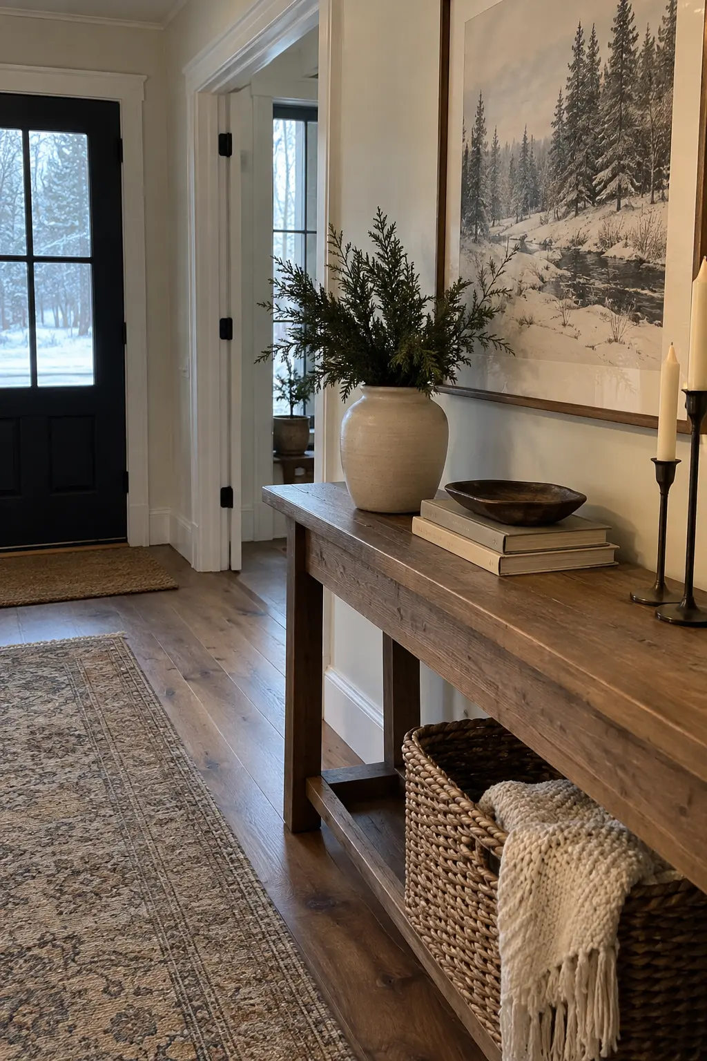 Entry console beneath a framed snowy woodland landscape with pottery and neutral books