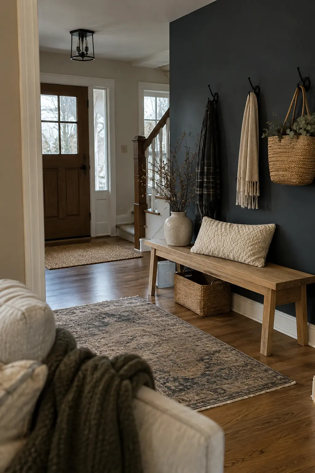 Entry with a charcoal blue accent wall, pale oak bench, cream knit pillow, and black hooks