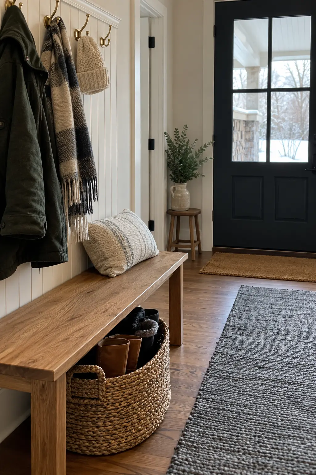 Warm white beadboard entry wall with brass hooks, oak bench, boot basket, and gray runner