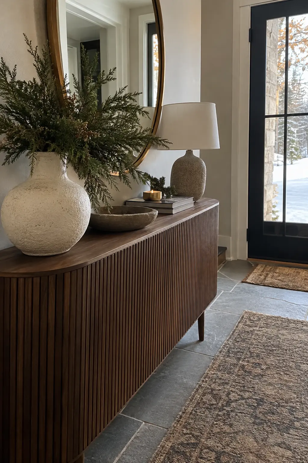 Contemporary winter foyer with a fluted walnut console, oval mirror, pottery, and evergreen cutting