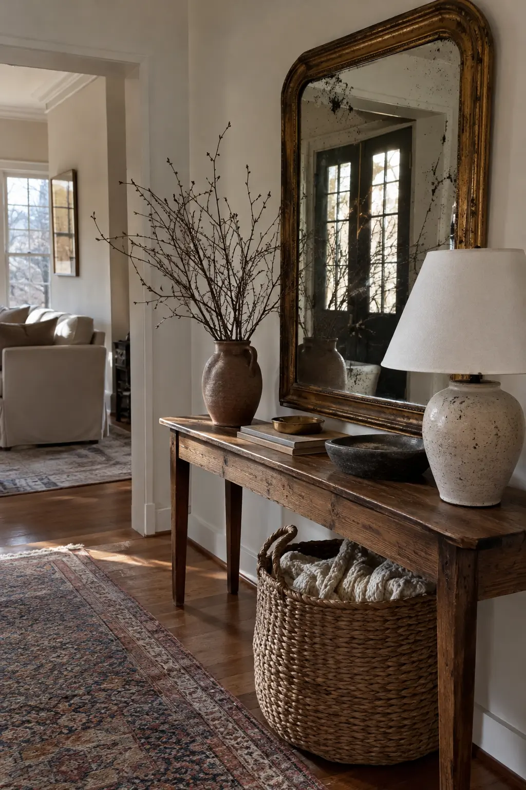 Antique brass mirror over a wood entry table with branches, lamp, and stoneware bowl