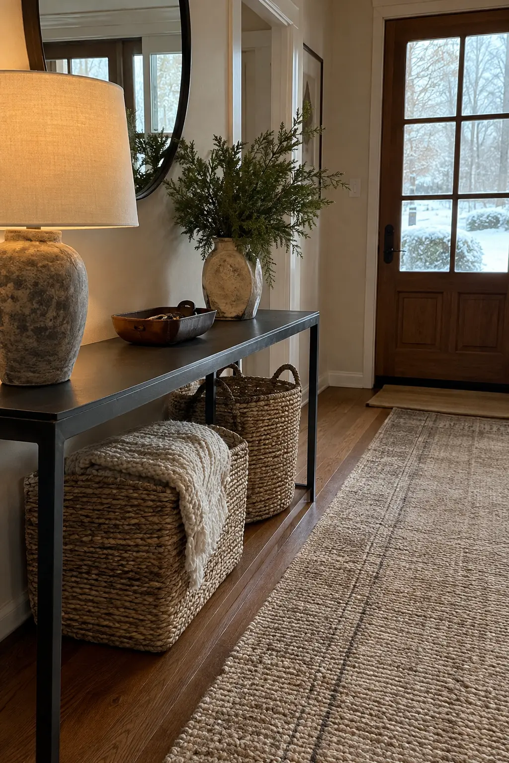 Modern winter entry with a black metal console, stone lamp, leather tray, baskets, and oatmeal runner