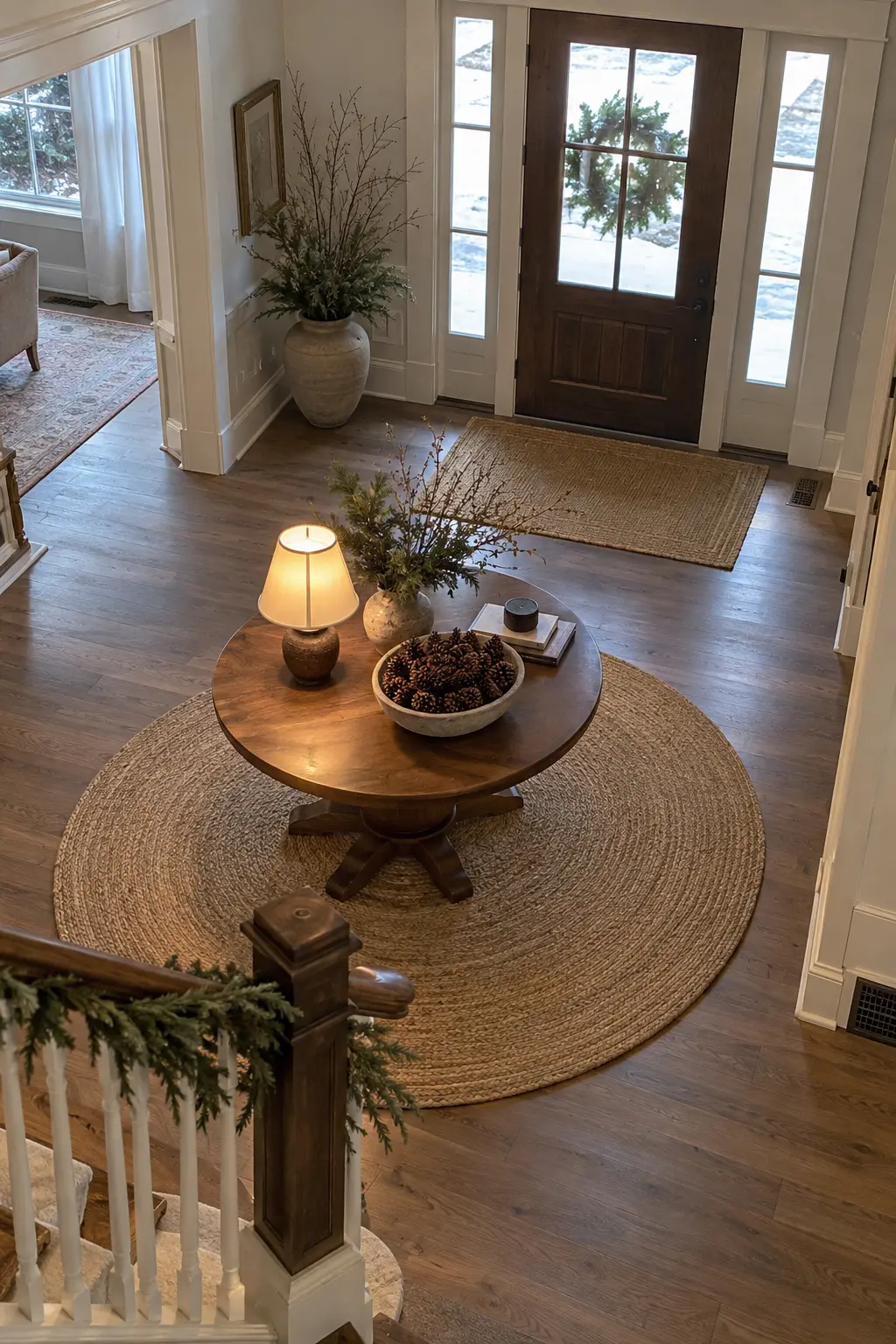 Large winter foyer with a round oak pedestal table, pinecone bowl, lamp, and branches