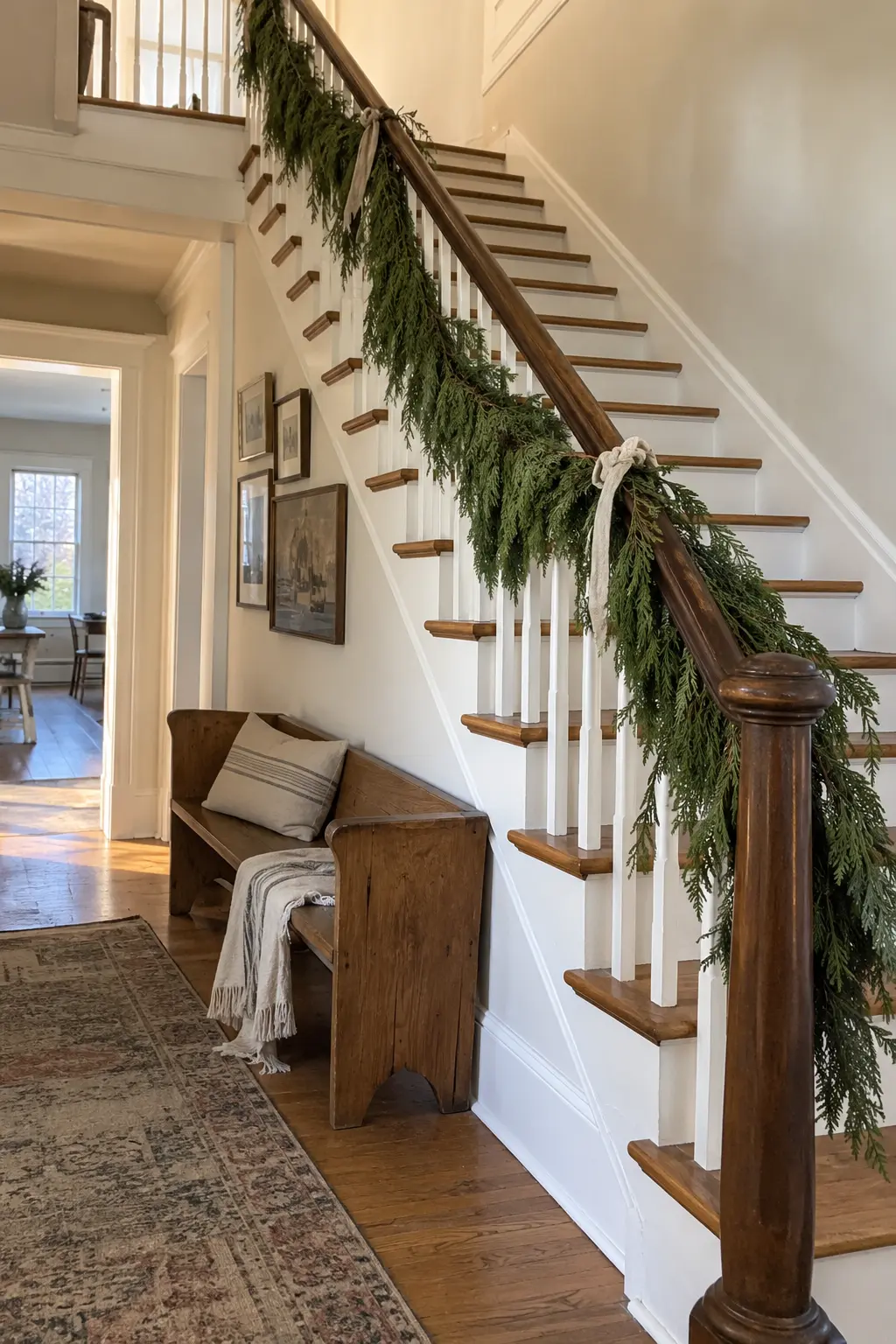 Winter staircase entry with a plain cedar garland, linen ties, bench, and clear steps
