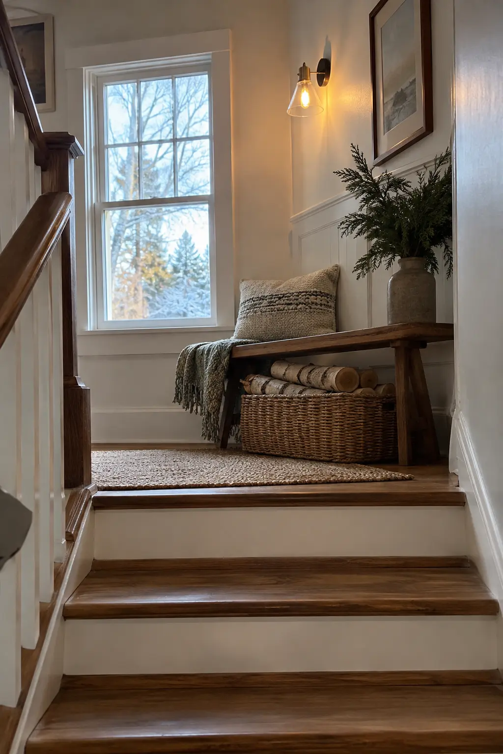 Small stair landing with a compact bench, birch log basket, wool cushion, and wall sconce