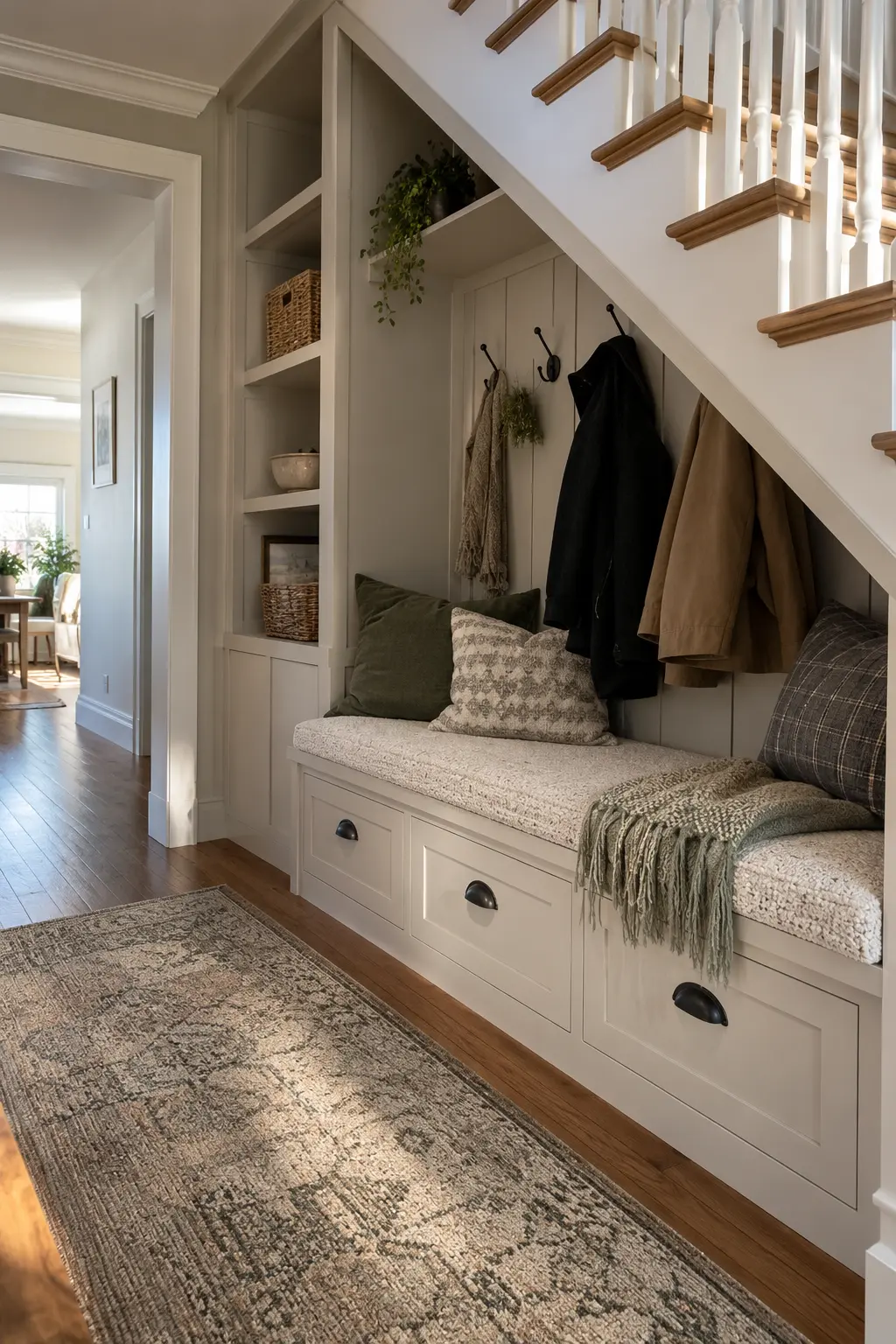 Under-stairs entry nook with built-in bench, drawers, cubbies, hooks, and winter textiles