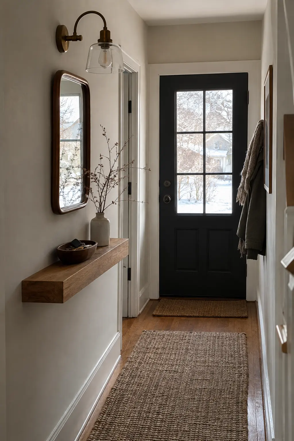 Narrow winter hallway with a floating oak shelf, small mirror, key bowl, and bare twig vase