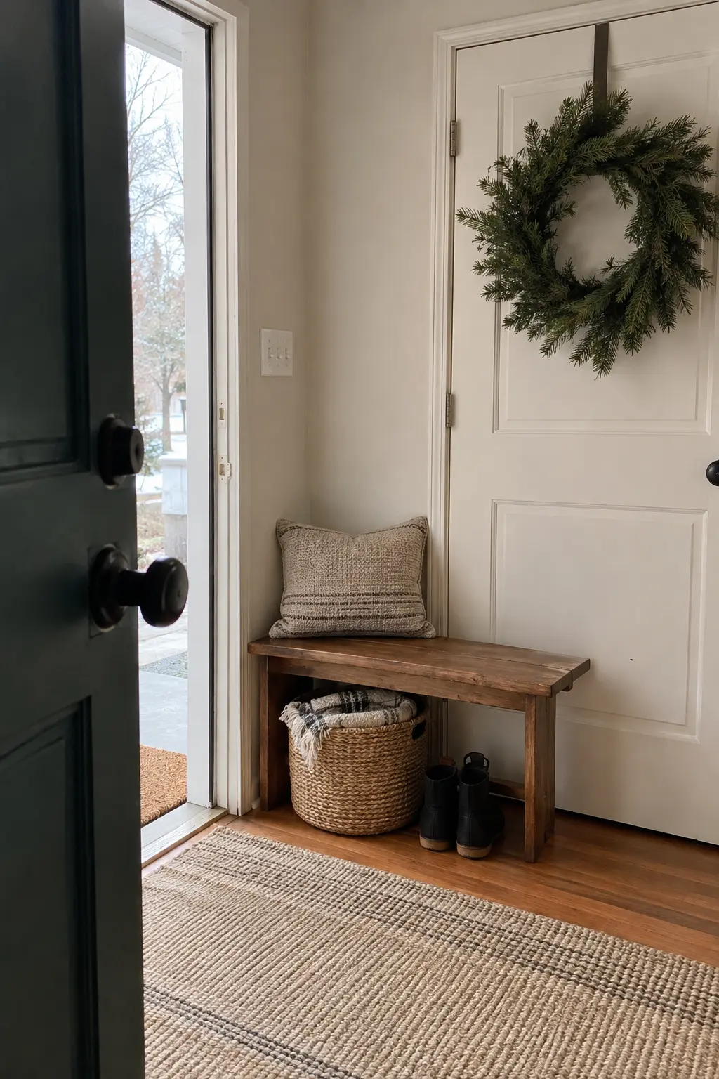Renter friendly apartment entry with a plain evergreen wreath, over-door hook, bench, and basket