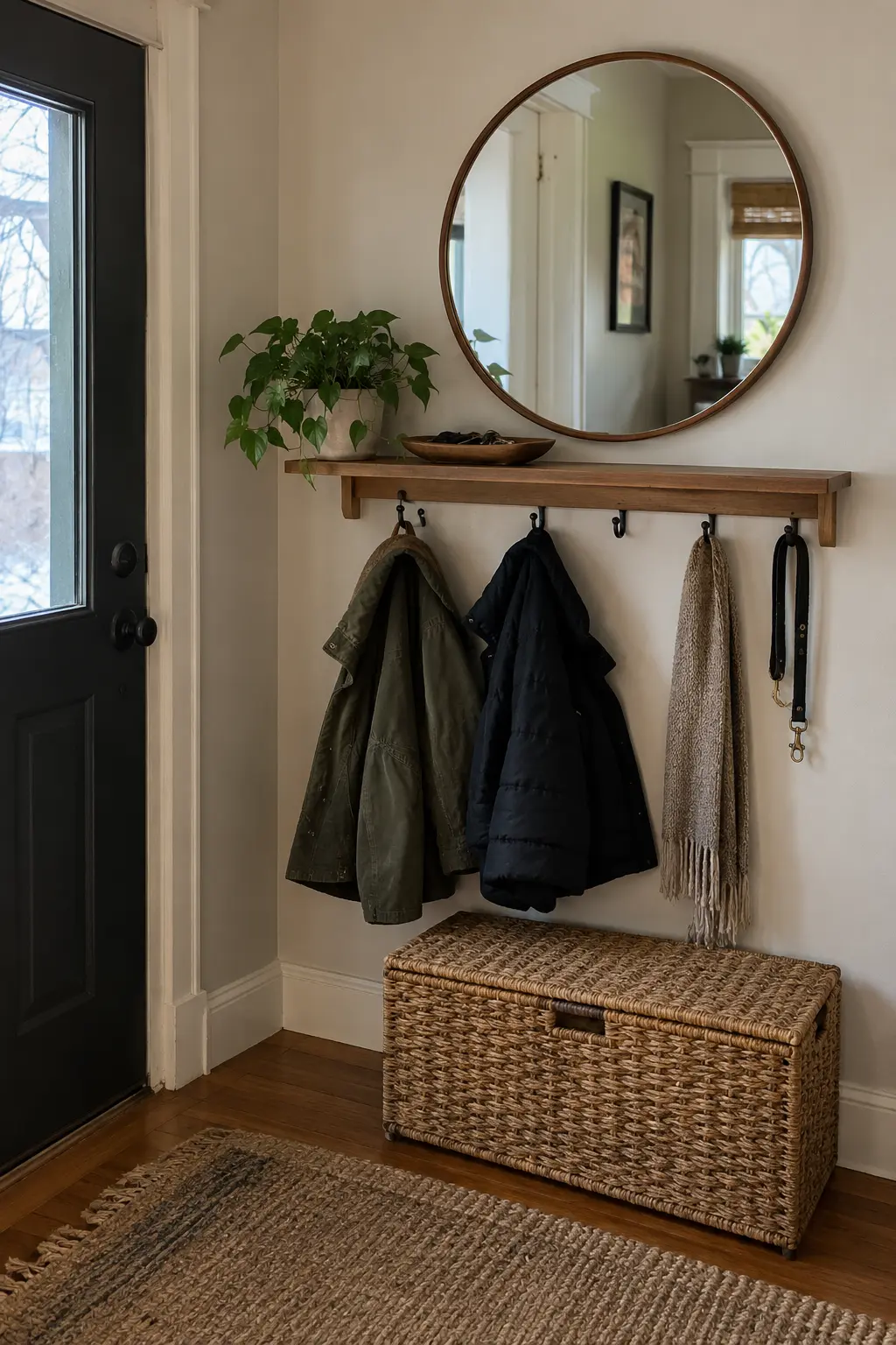 Compact apartment entry with a wall shelf, hooks, round mirror, coats, and closed shoe basket